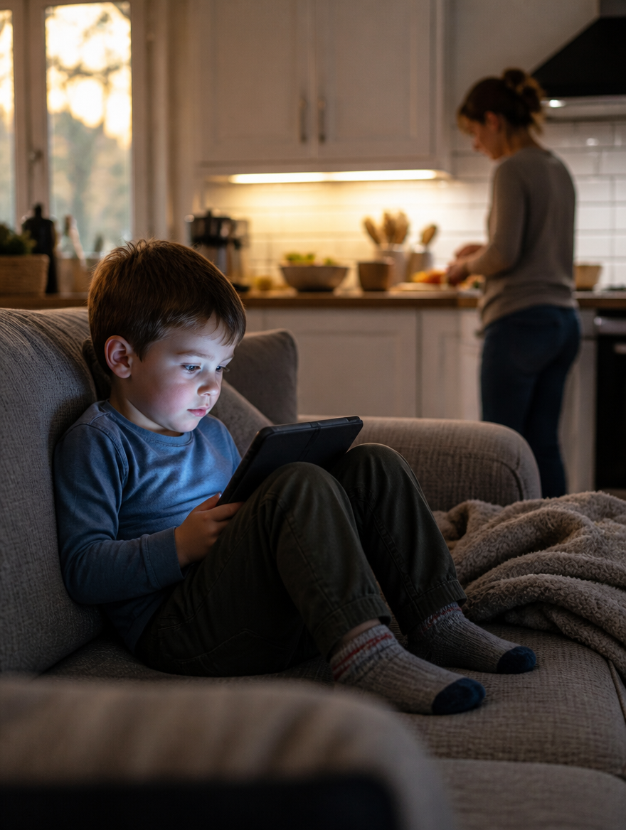 Bambino sul divano con il tablet, genitore che cucina sullo sfondo