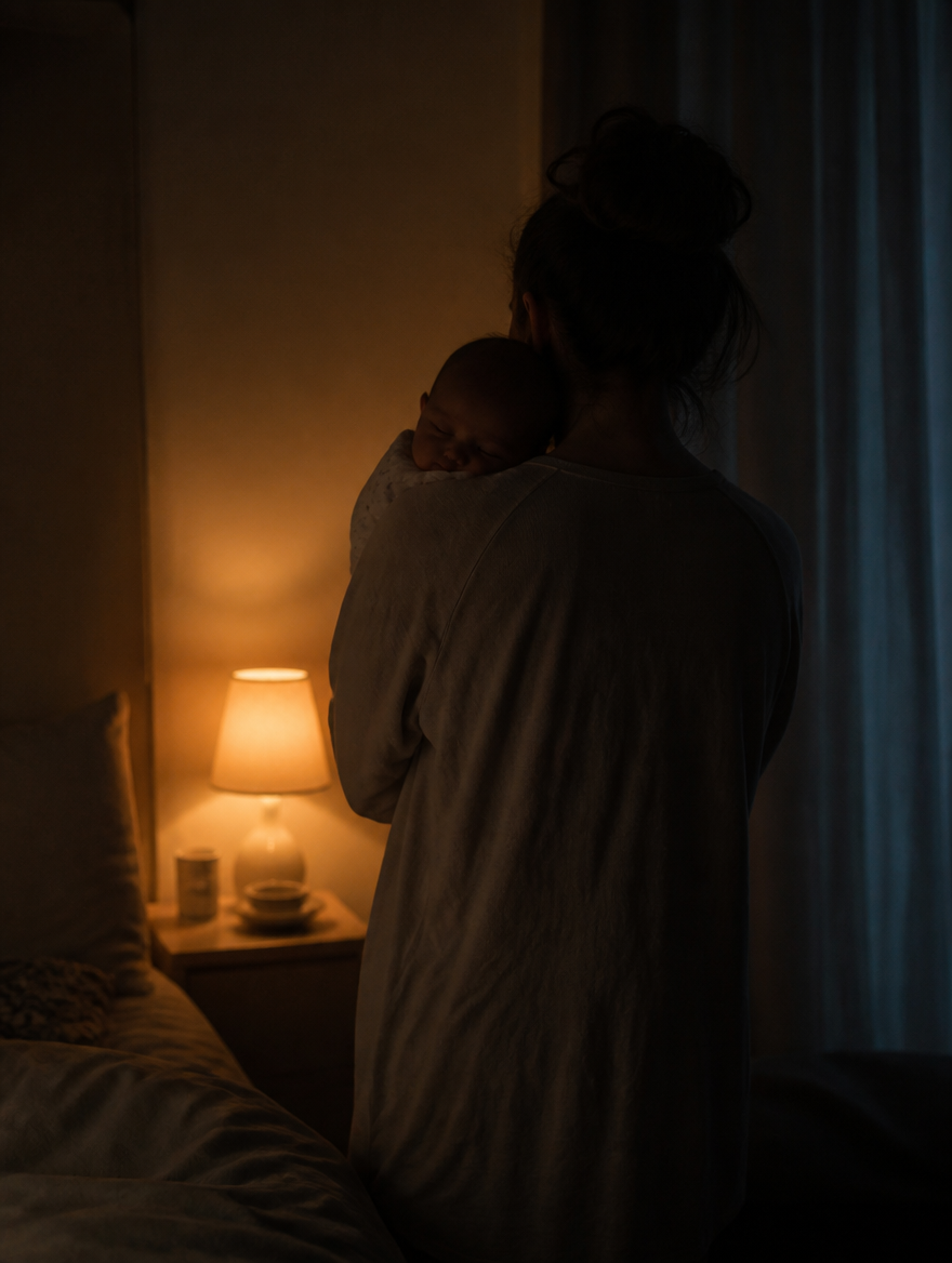 Genitore che riaddormenta il neonato nella notte, luce calda della lampada