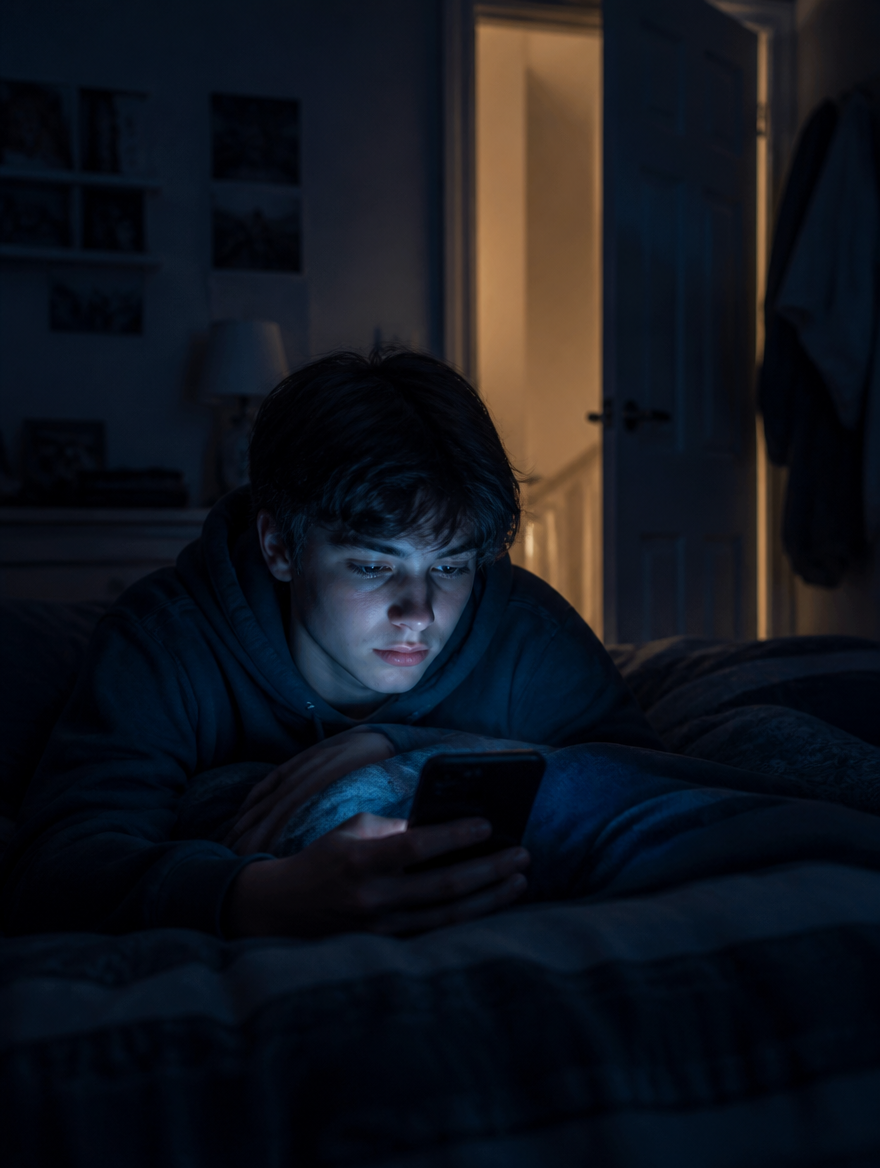 Adolescente al telefono nella sua camera di notte, porta socchiusa