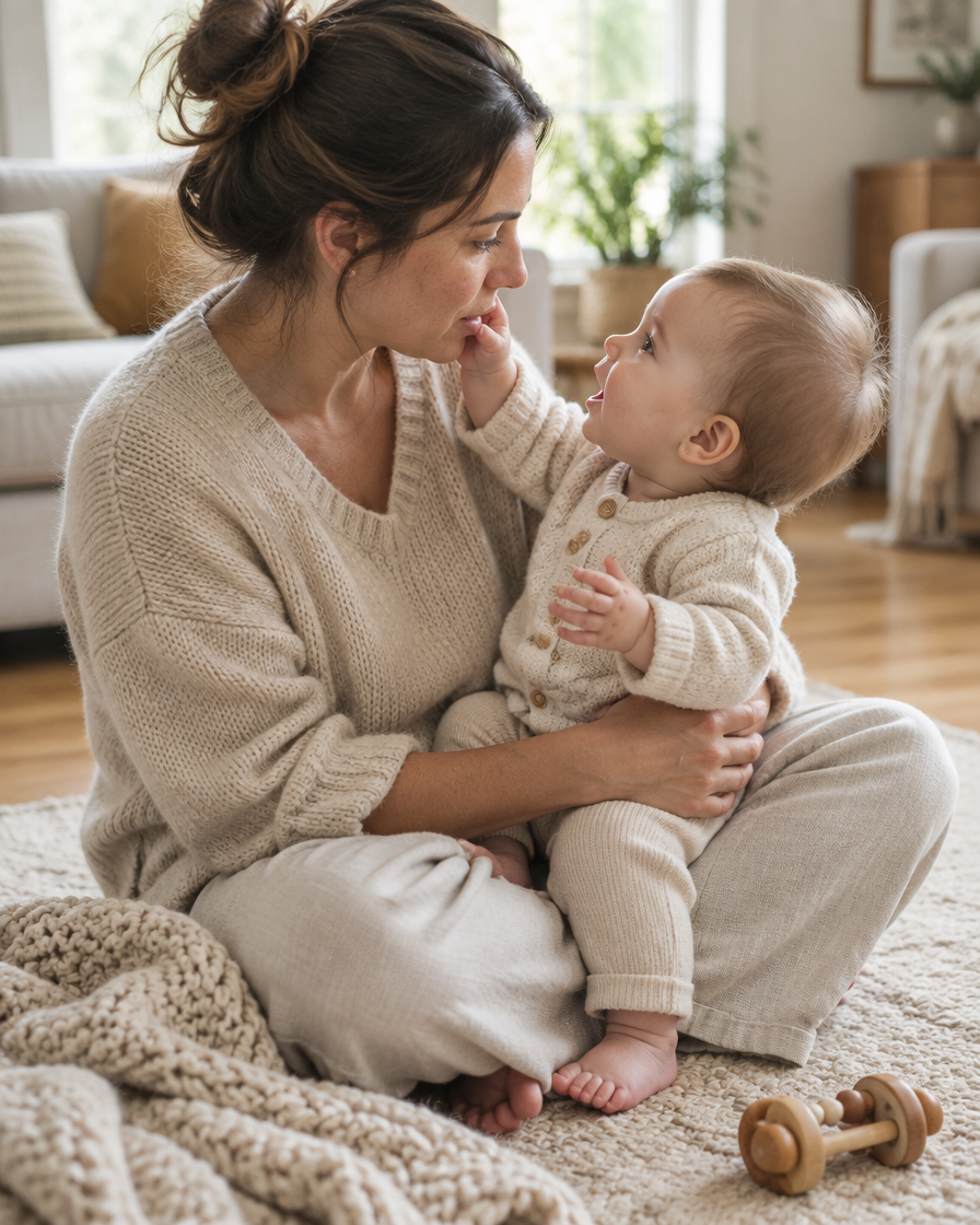 Mamma seduta sul tappeto tiene in braccio il suo bambino di sei mesi e lo ascolta mentre lui vocalizza