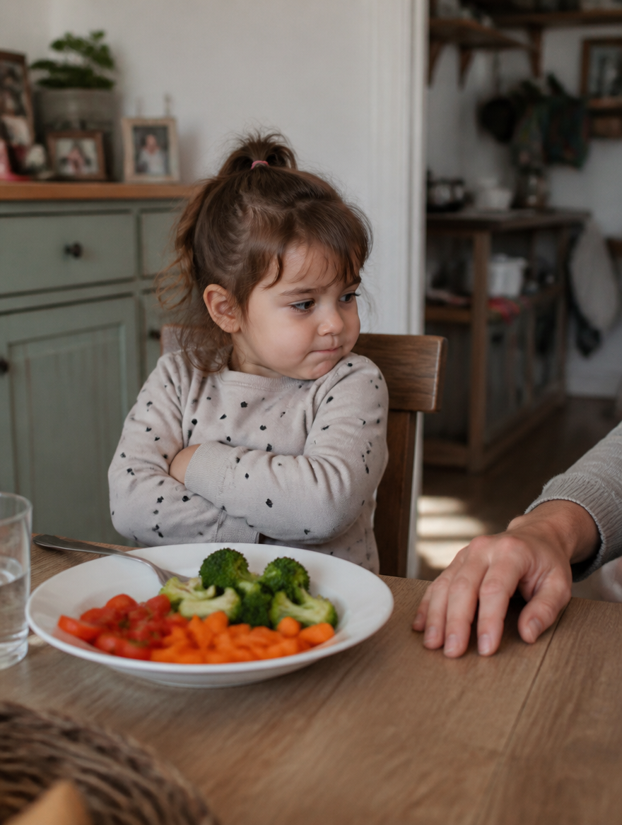 Bambino che rifiuta un piatto di verdure a tavola, mano dell'adulto accanto