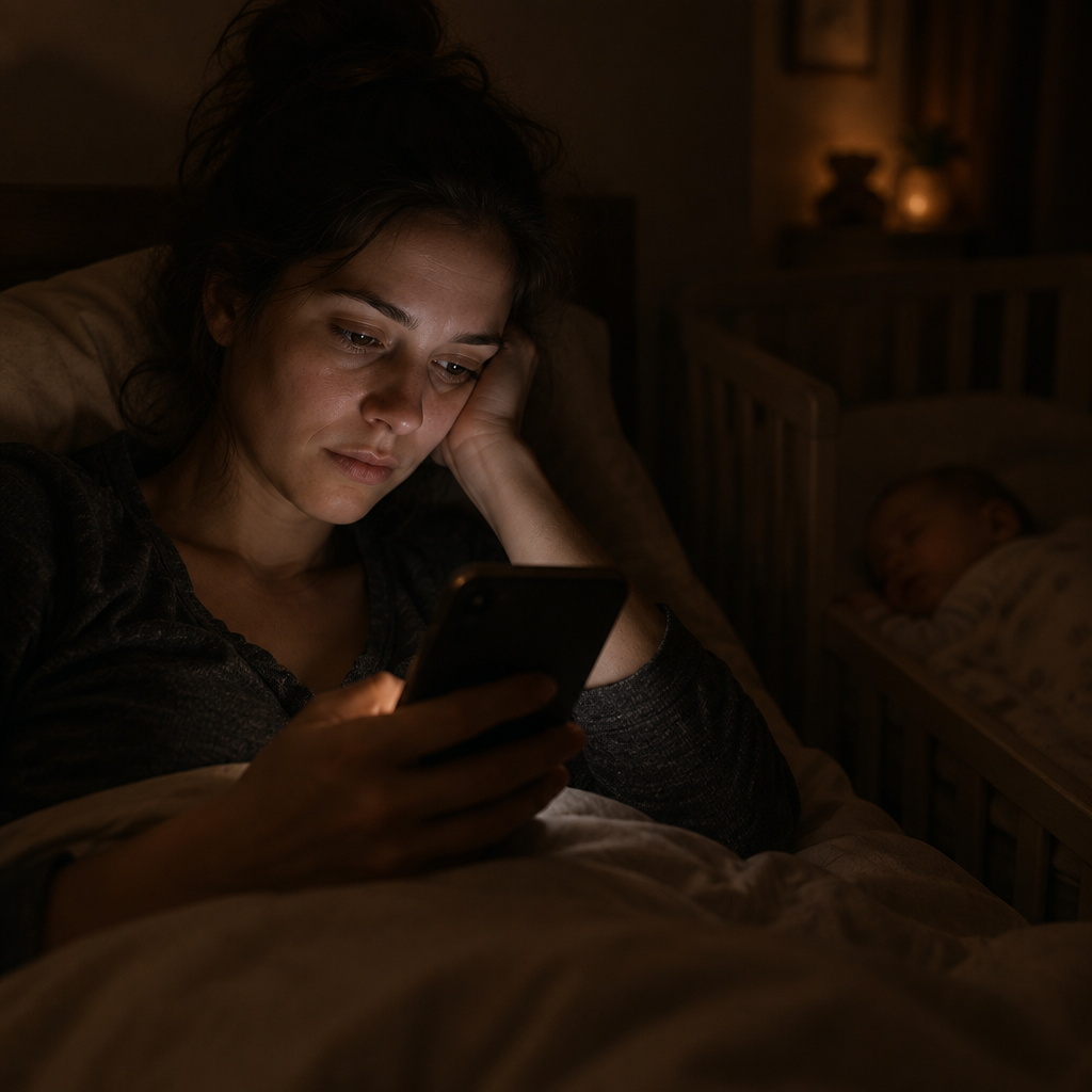Madre sveglia nella notte con il telefono in mano, il bambino che dorme accanto