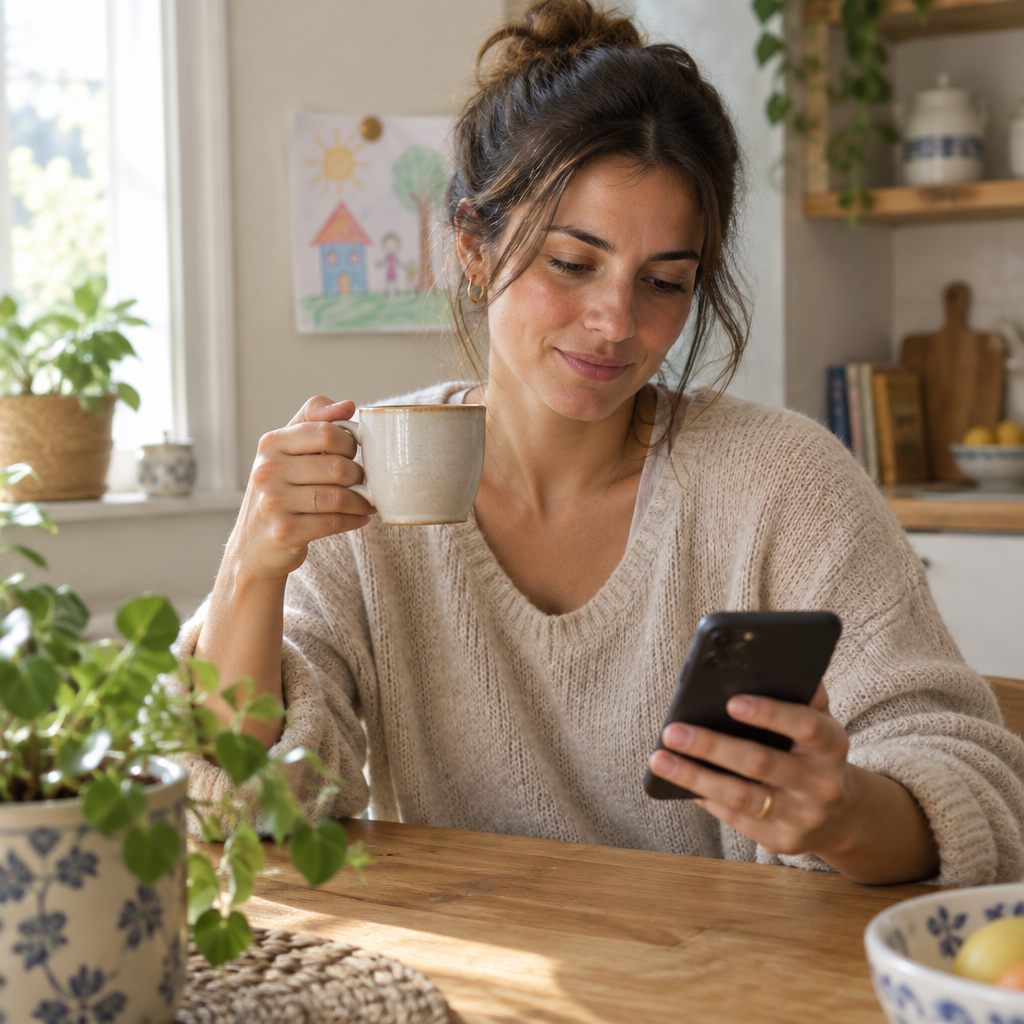 Genitore seduto al tavolo della cucina con una tazza di caffè, luce naturale del mattino